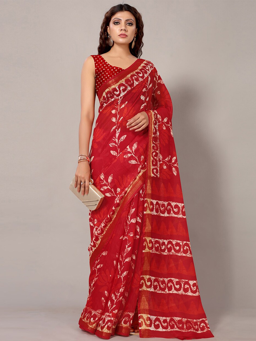 

Shaily Red & Brown Floral Zari Silk Cotton Saree