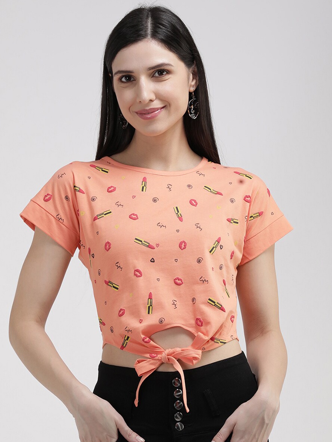 

V2 Value & Variety Peach-Coloured Print Extended Sleeves Styled Back Top