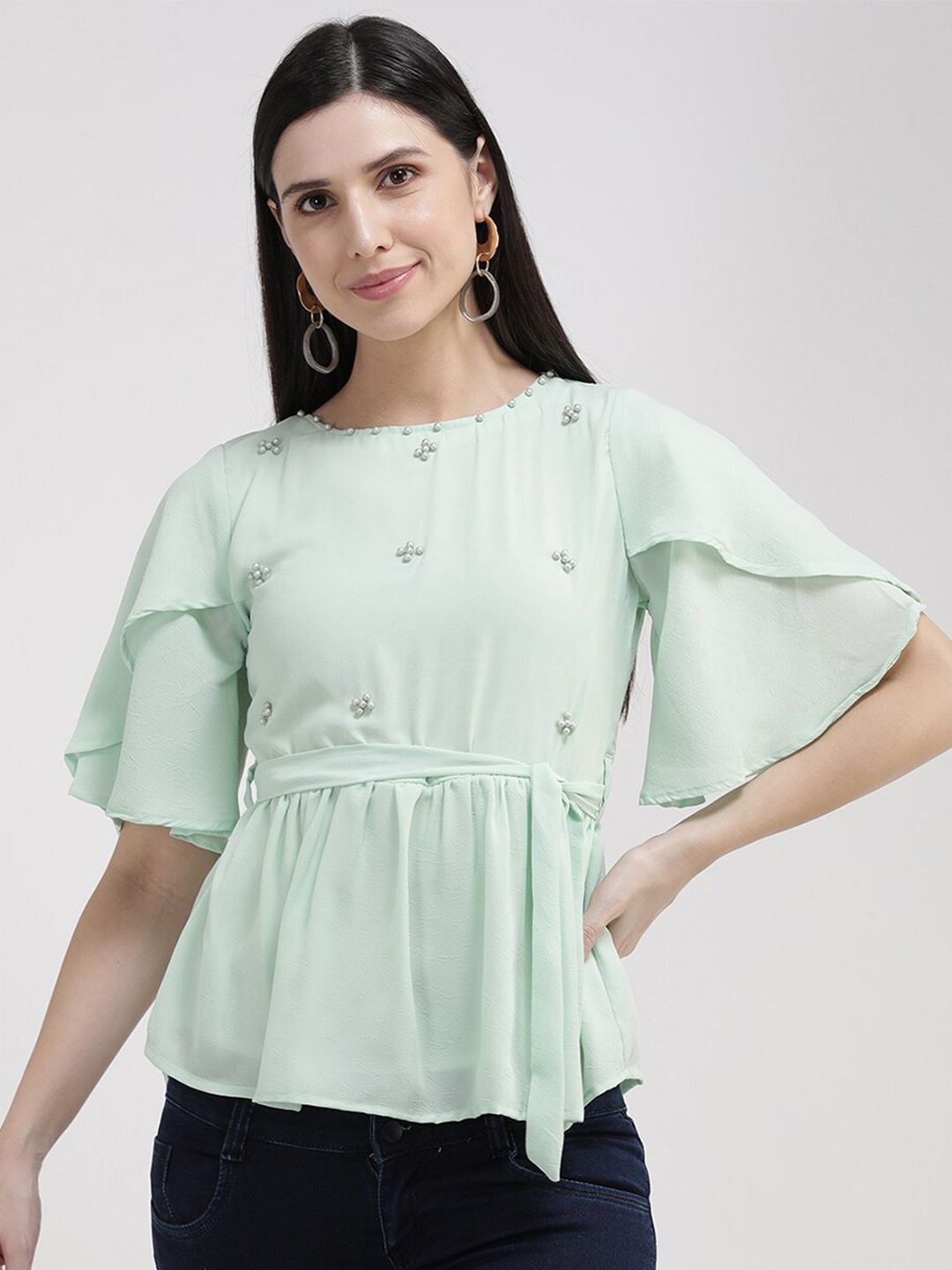 

V2 Value & Variety Green Chiffon Cinched Waist Top