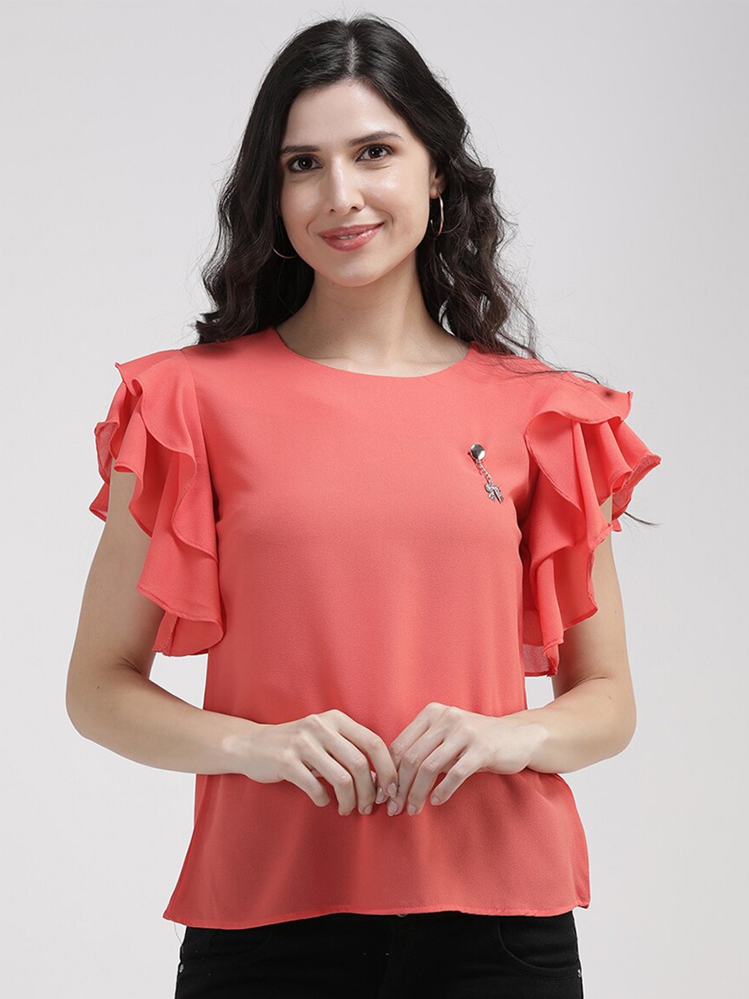 

V2 Value & Variety Coral Georgette Styled Back Top