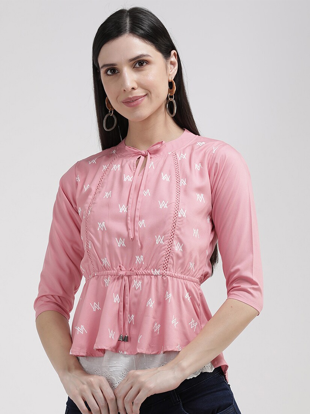 

V2 Value & Variety Purple Floral Print Mandarin Collar Cinched Waist Top