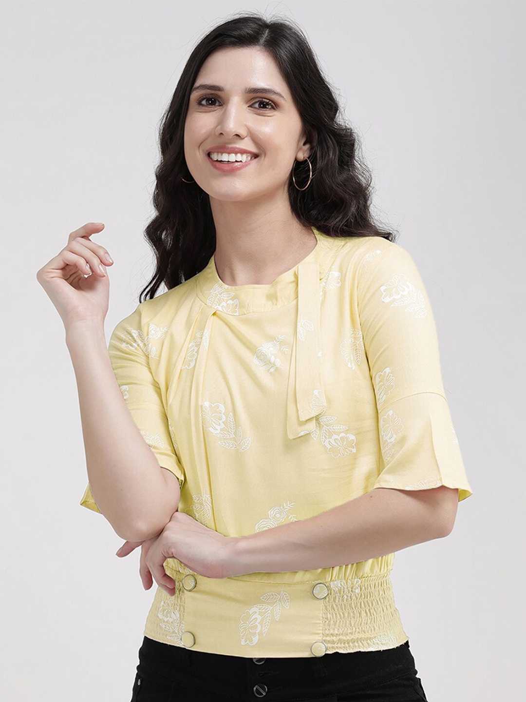 

V2 Value & Variety Yellow & garden glade Floral Print Styled Back Top