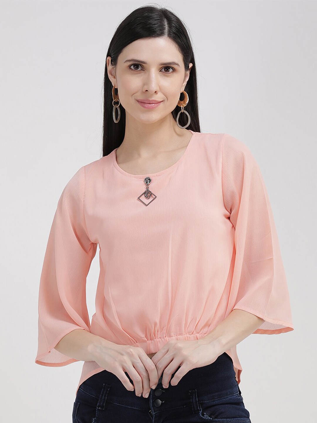 

V2 Value & Variety Peach-Coloured Chiffon Cinched Waist Top