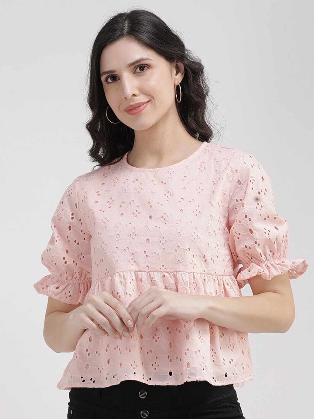 

V2 Value & Variety Peach-Coloured Solid Schiffli A-line Top