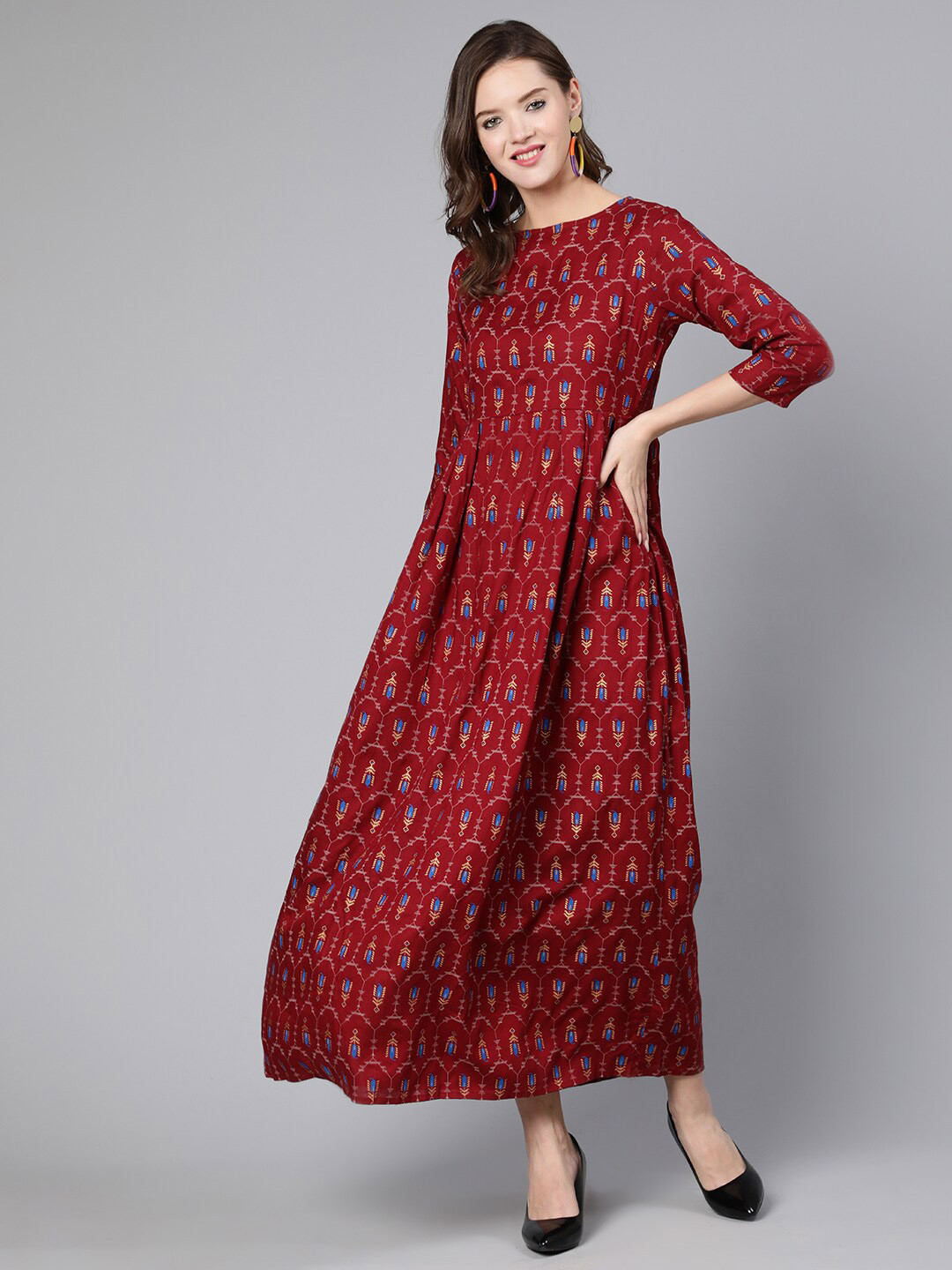 

Nayo Maroon Floral Ethnic Maxi Dress