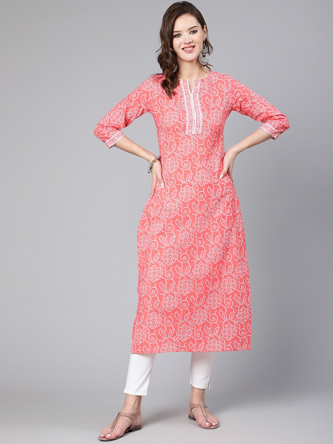 

Nayo Women Pink & light coral Ethnic Motifs Striped Thread Work Kurta