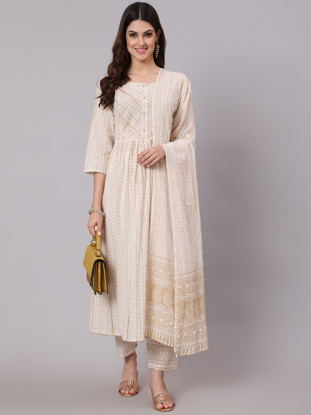 

Nayo Women White Striped Panelled Gotta Patti Pure Cotton Kurti with Trousers & With Dupatta