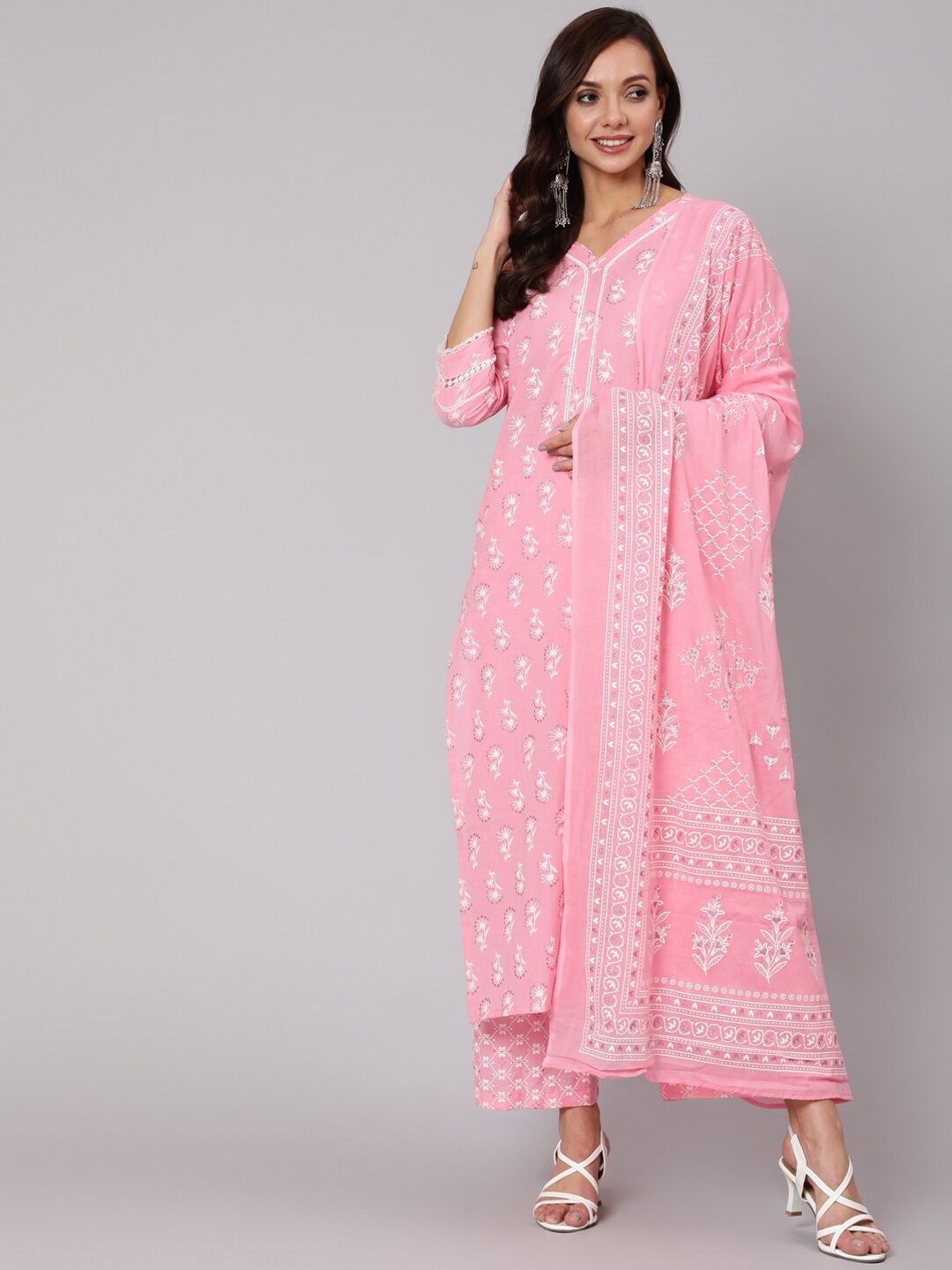 

Nayo Women Pink Ethnic Motifs Printed Panelled Pure Cotton Kurta with Palazzos & With Dupatta