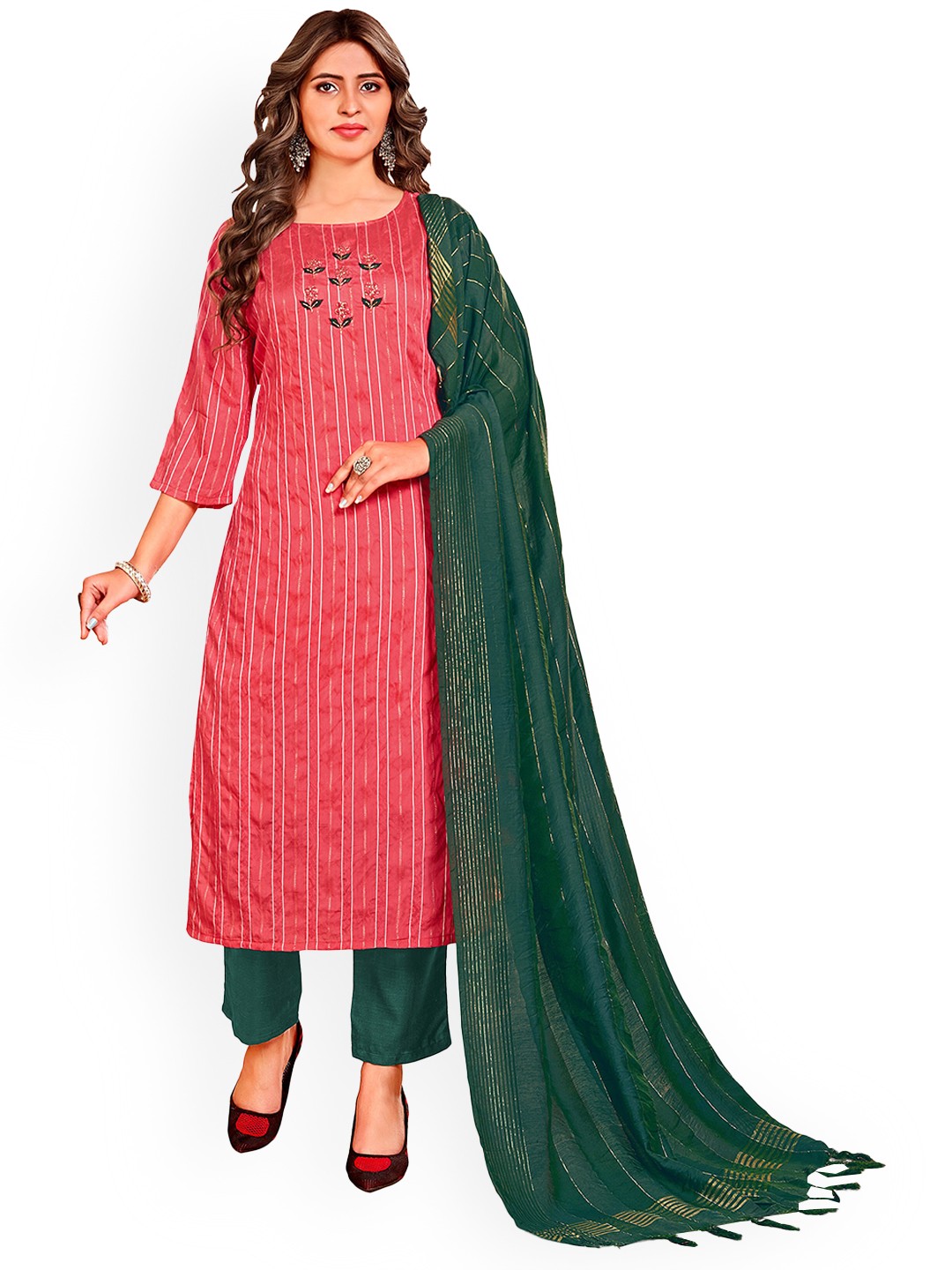 

Angroop Women Red Kurta with Churidar & With Dupatta