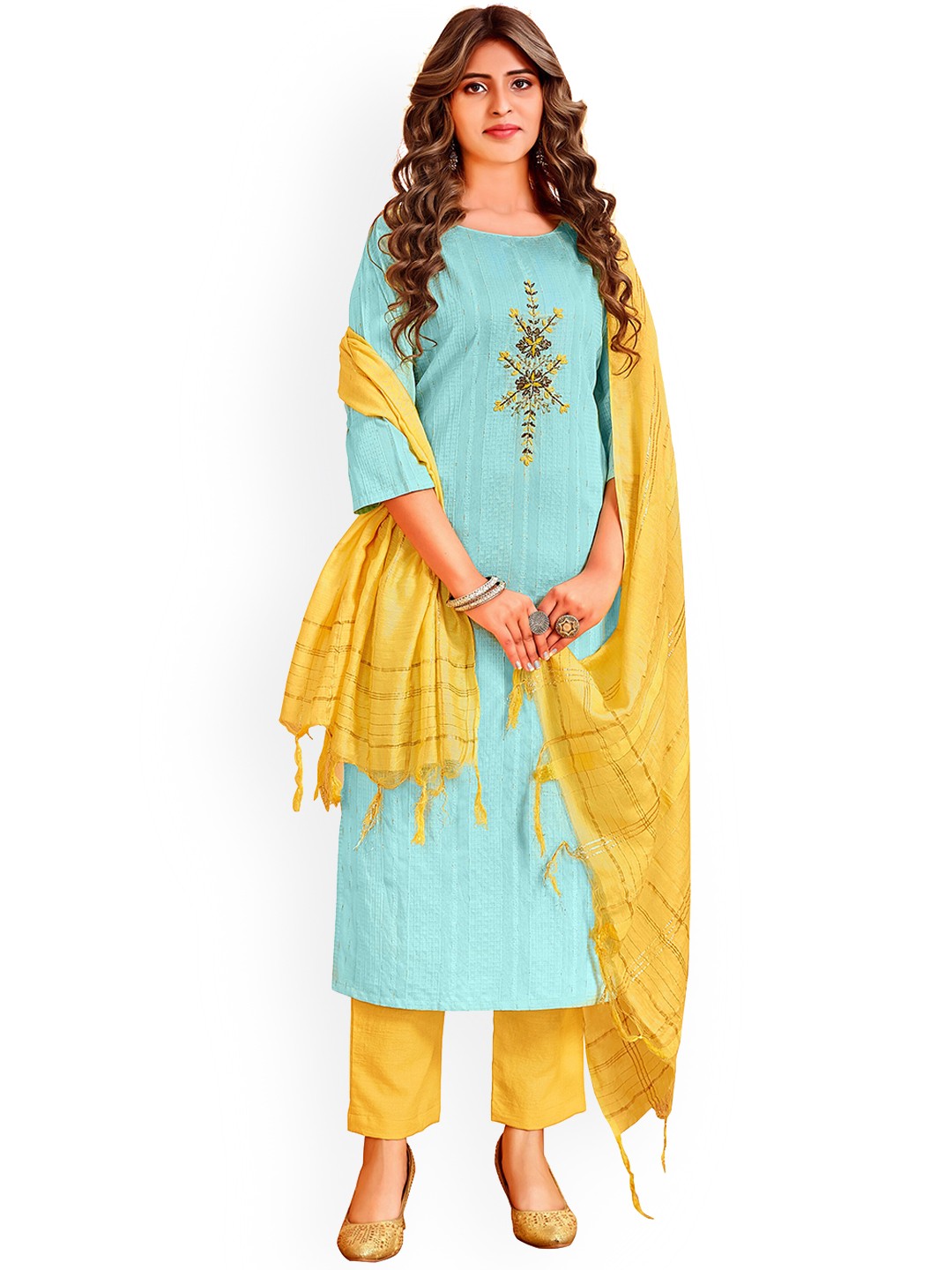 

Angroop Women Blue Embroidered Kurti with Trousers & With Dupatta