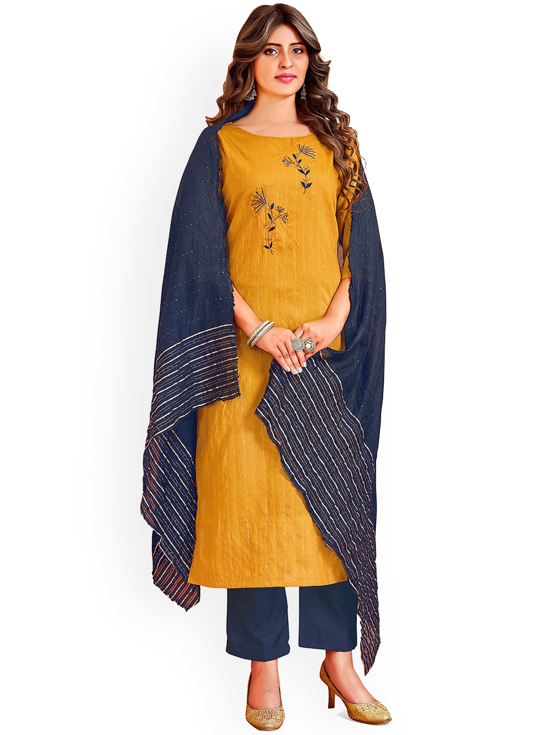 

Angroop Women Mustard Yellow Printed Kurti with Palazzos & With Dupatta