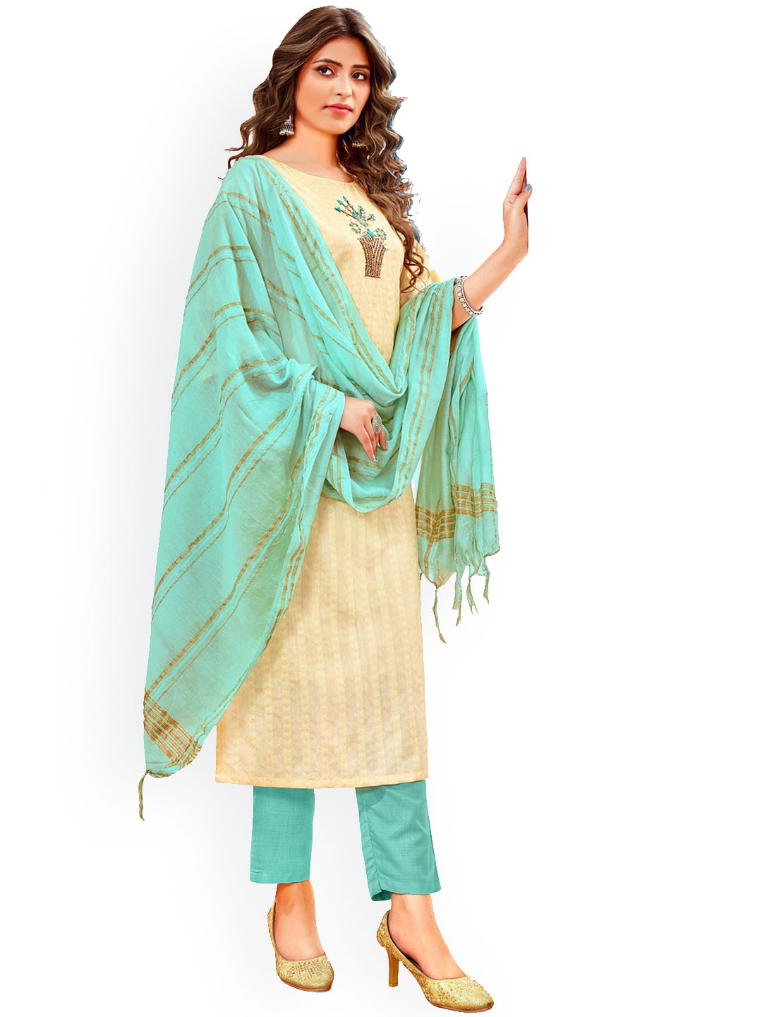 

Angroop Women Cream-Coloured Floral Kurta with Trousers & With Dupatta