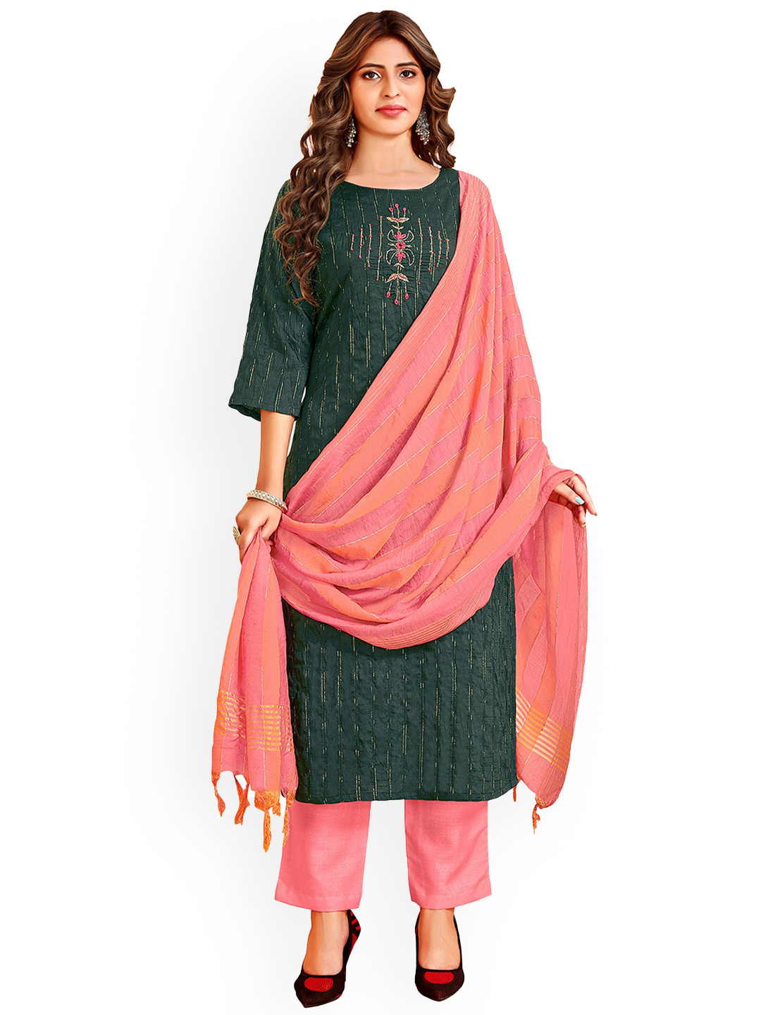 

Angroop Women Green Pleated Kurti with Trousers & With Dupatta