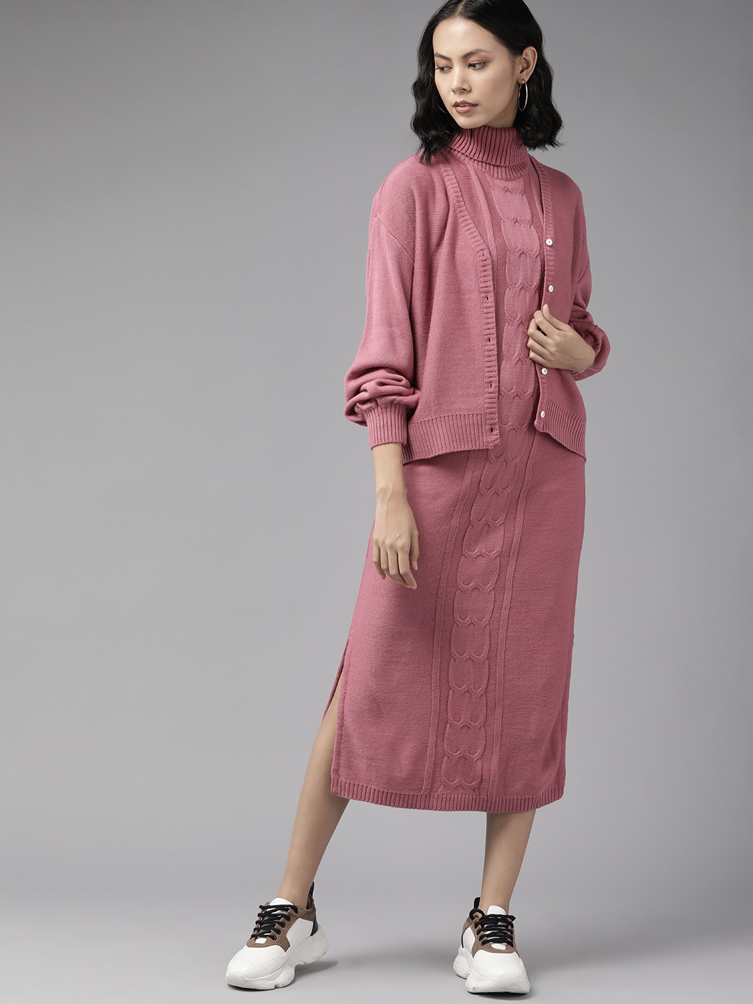 

The Roadster Lifestyle Co. Pink High Neck Knitted Midi Jumper Dress