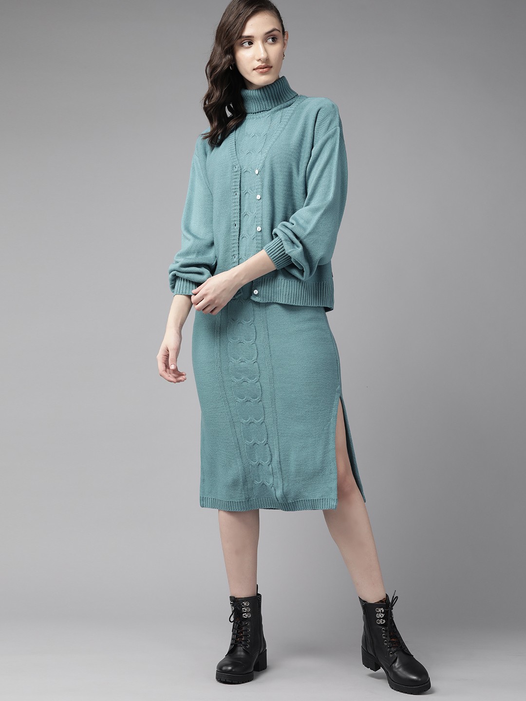 

The Roadster Lifestyle Co. Blue High Neck Knitted Midi Jumper Dress