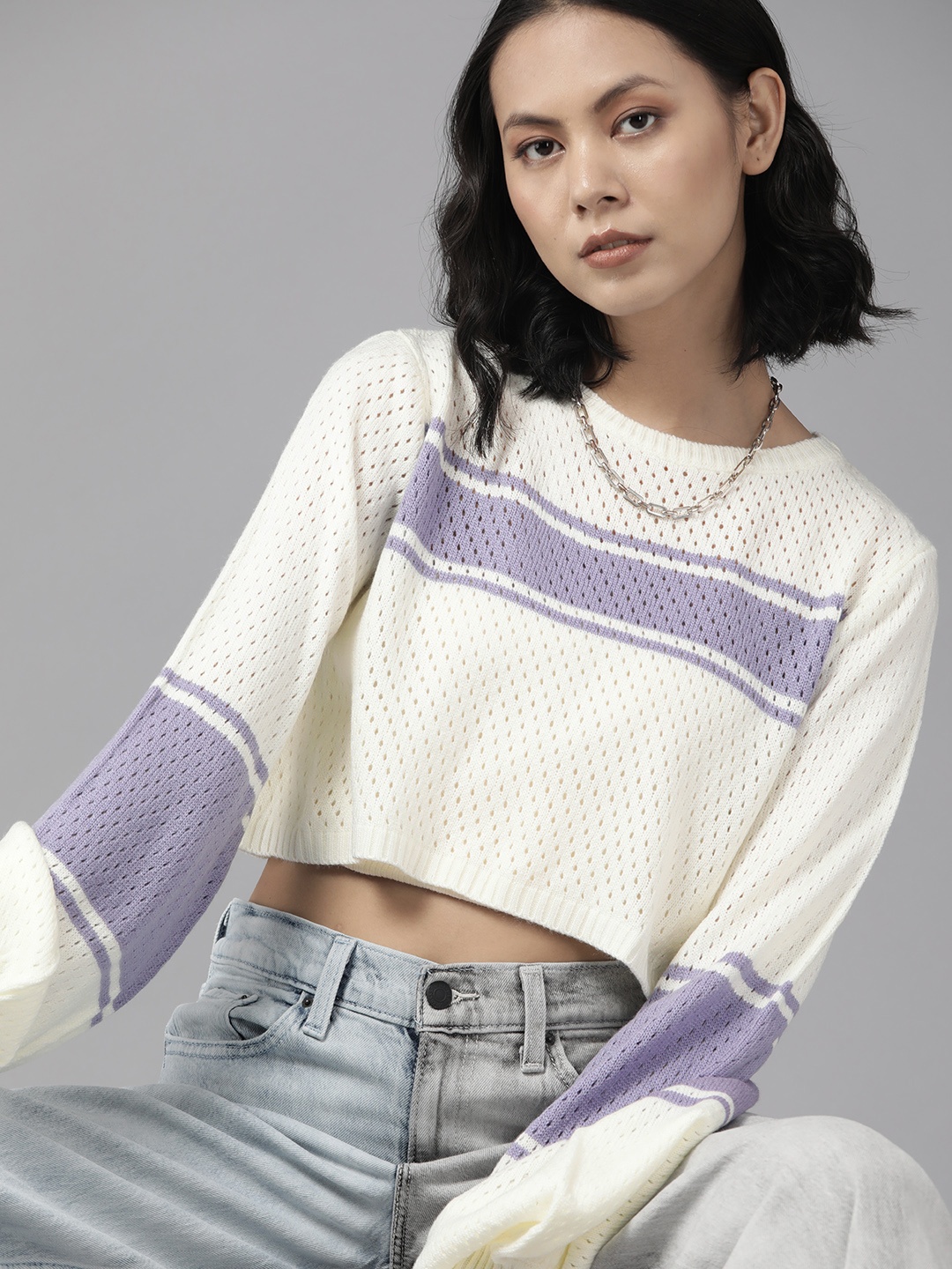 

The Roadster Lifestyle Co. Women Off White & Lavender Striped Open Knit Crop Pullover