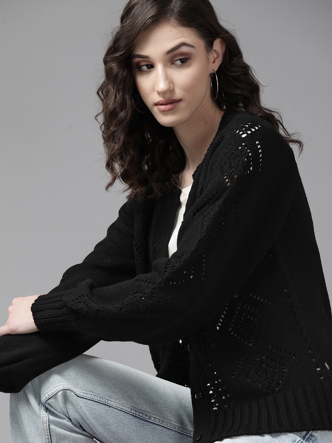 

The Roadster Lifestyle Co. Women Black Open Knit Acrylic Cardigan