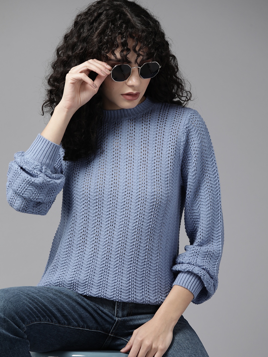 

The Roadster Lifestyle Co. Women Blue Open Knit Pullover