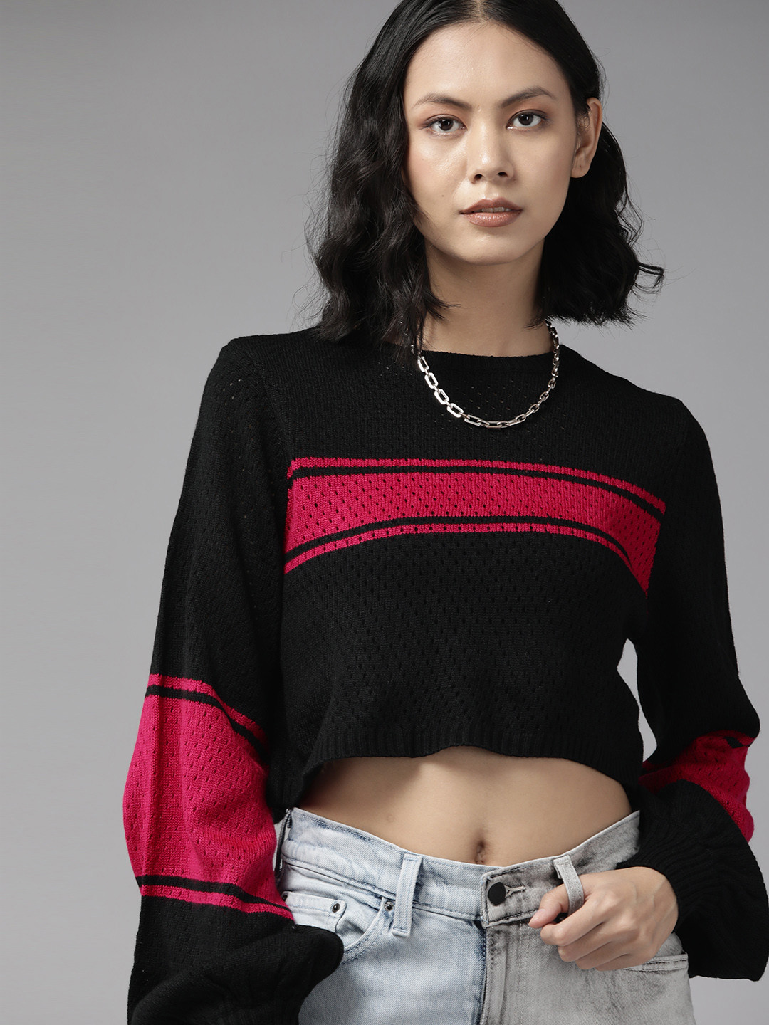 

The Roadster Lifestyle Co. Women Black Striped Open Knit Crop Pullover