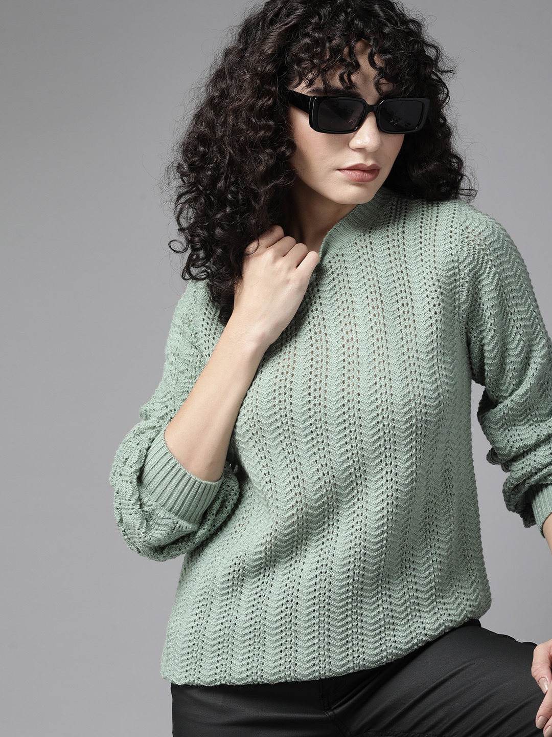 

The Roadster Lifestyle Co. Women Green Open Knit Pullover