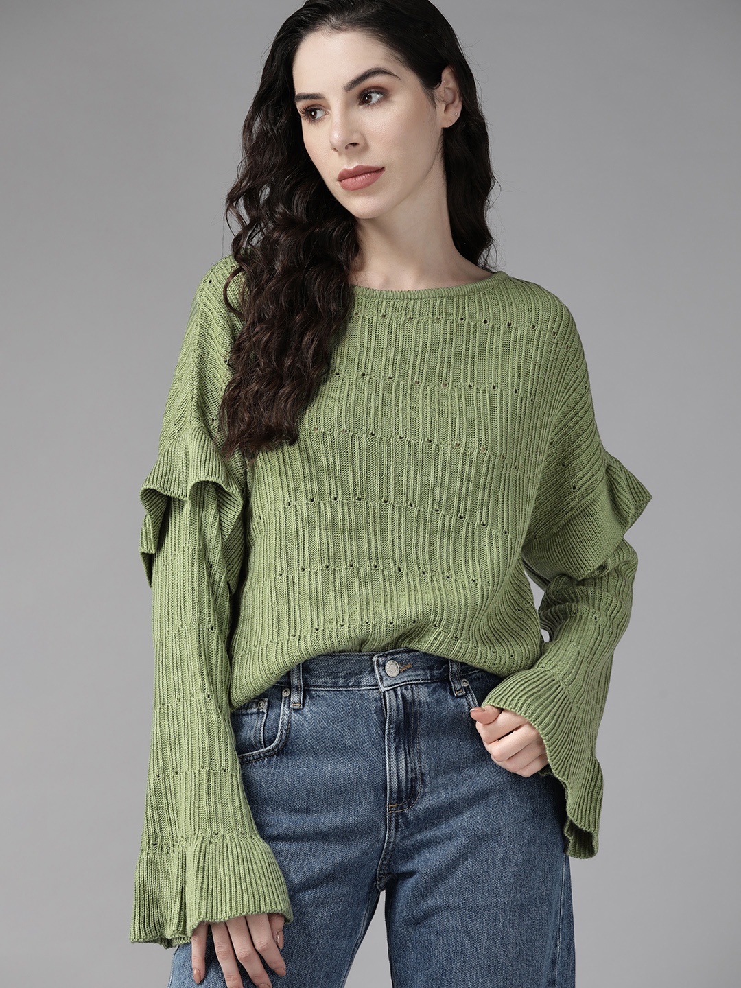 

The Roadster Life Co. Women Olive Green Open Knit Pullover