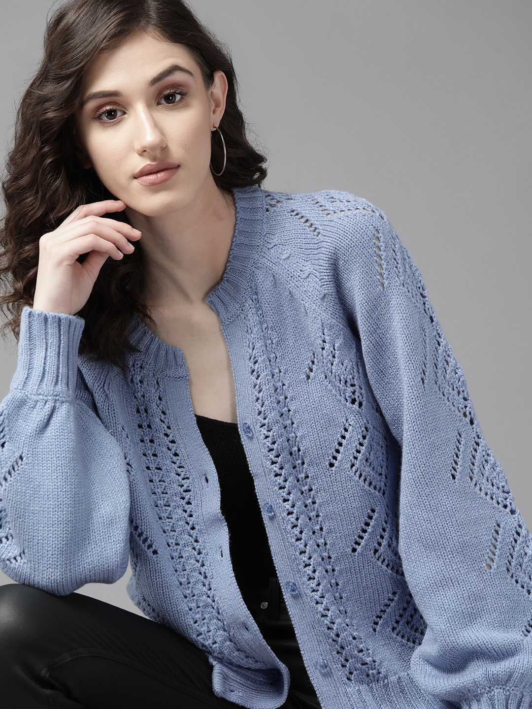 

The Roadster Lifestyle Co. Women Blue Open Knit Acrylic Cardigan