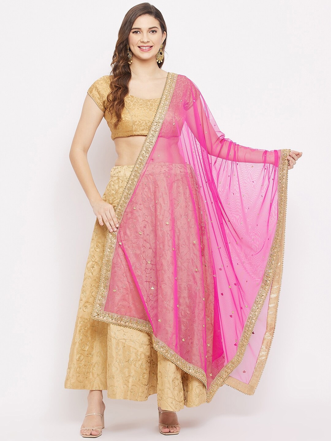 

Clora Creation Magenta & Gold-Toned Ethnic Motifs Embroidered Dupatta with Gotta Patti