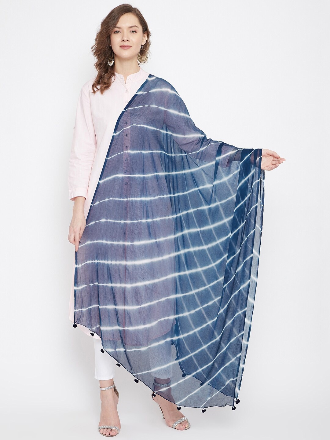 

Clora Creation Navy Blue & White Striped Dupatta