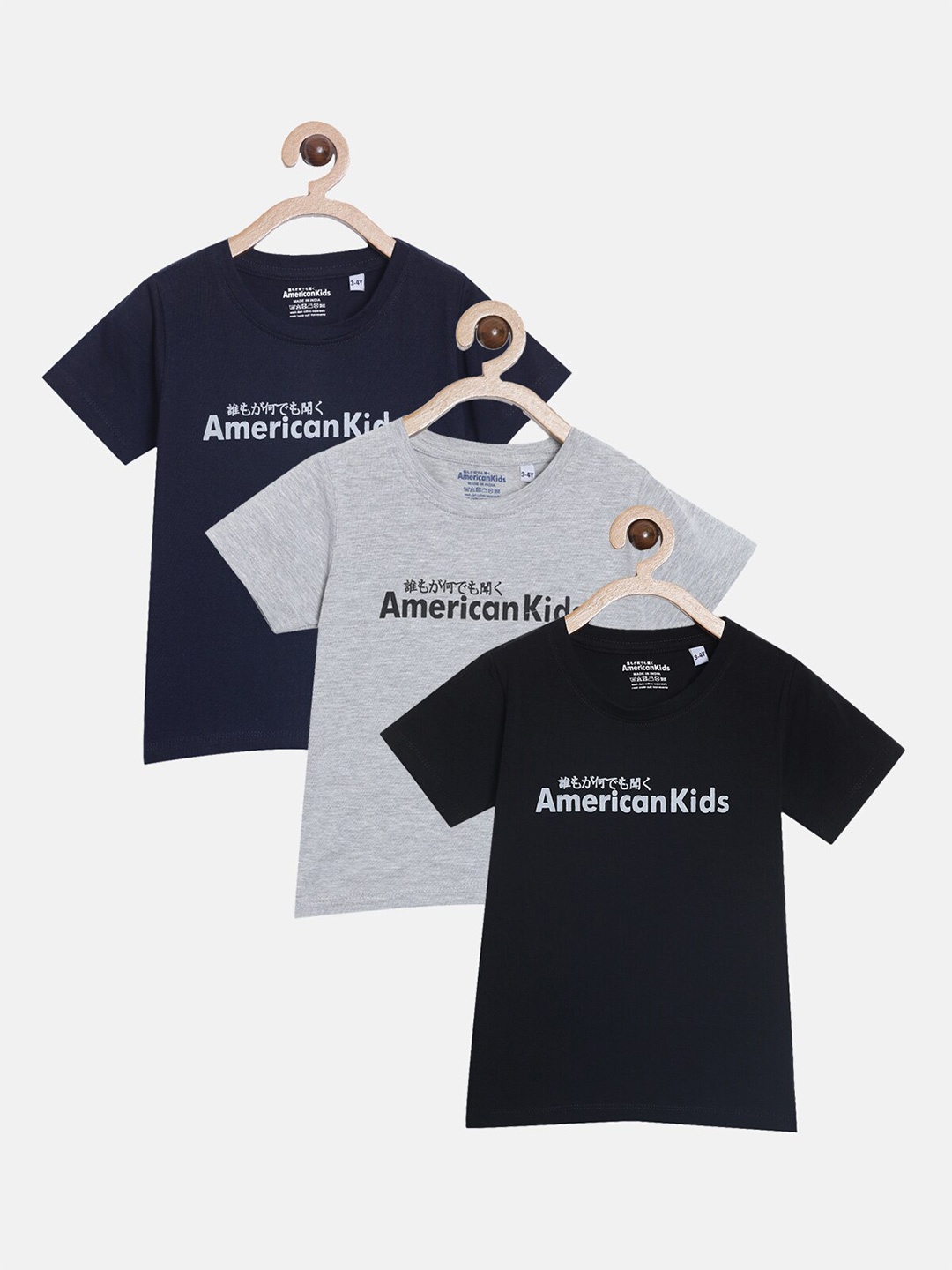 

American Kids Boys Navy Blue & rich black Typography 3 Printed Applique T-shirt