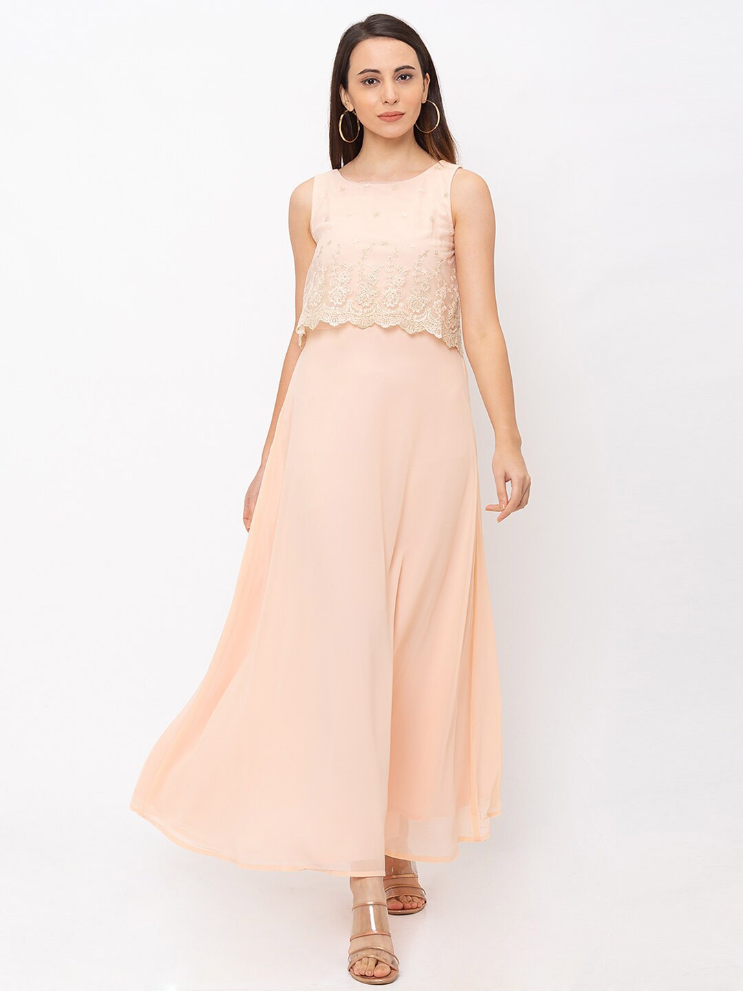 

La Aimee Peach-Coloured & antique white Embellished Maxi Dress