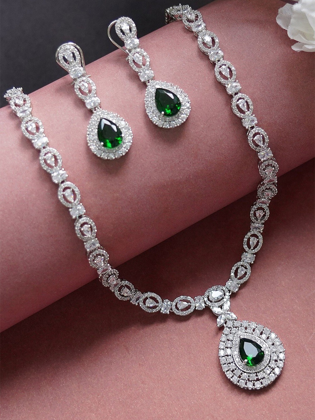 

AURAA TRENDS White & Green Rhodium-Plated American Diamond Jewellery Set