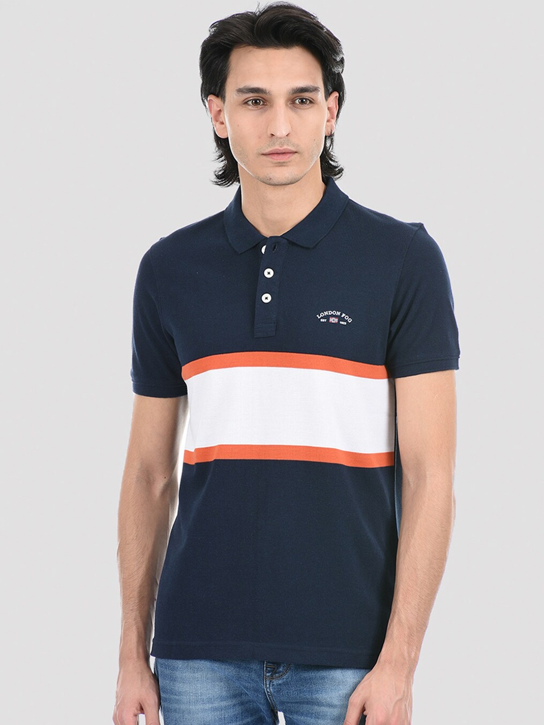 

LONDON FOG Men Navy Blue Colourblocked Polo Collar Applique T-shirt