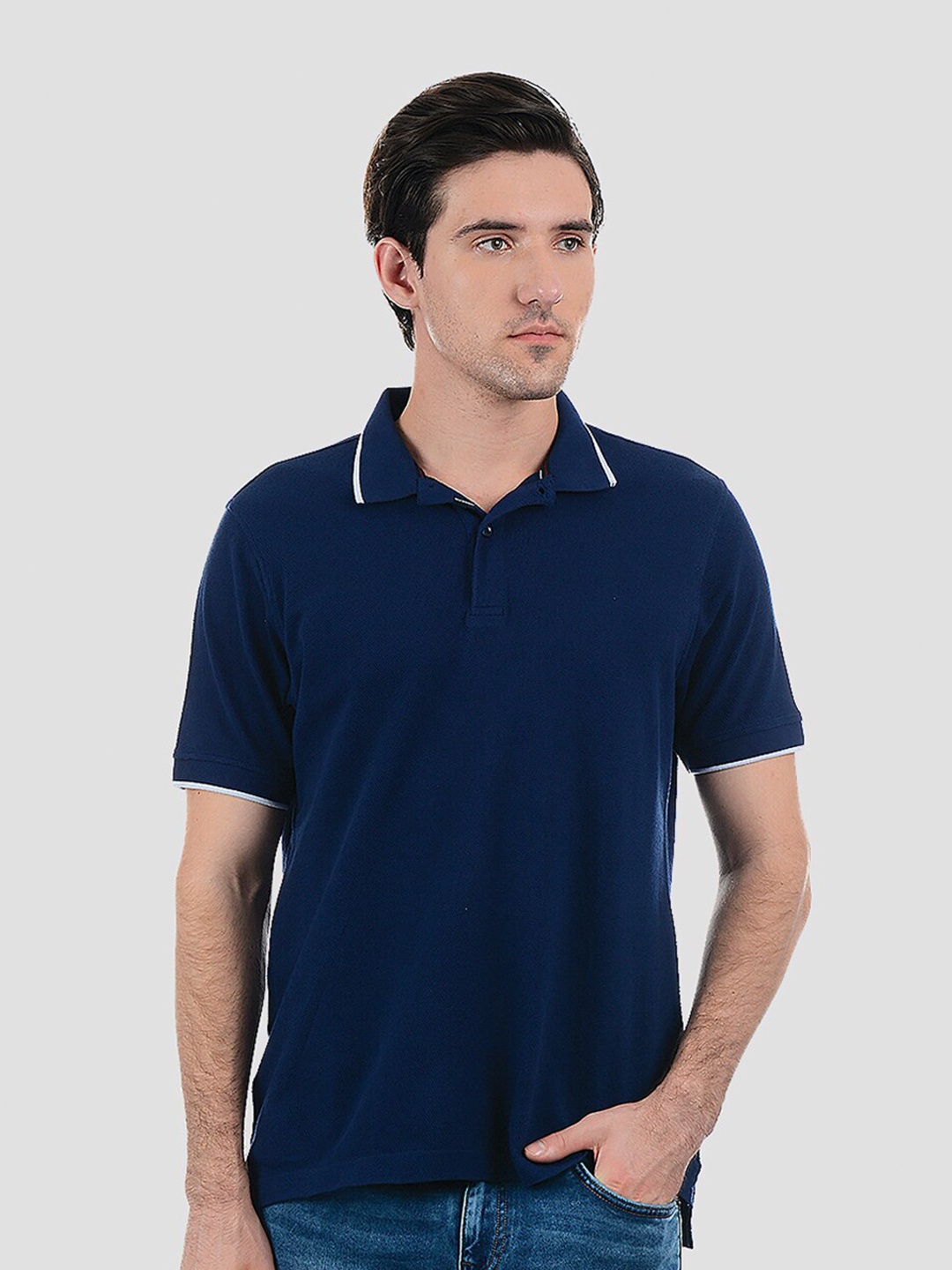 

LONDON FOG Men Navy Blue Polo Collar T-shirt