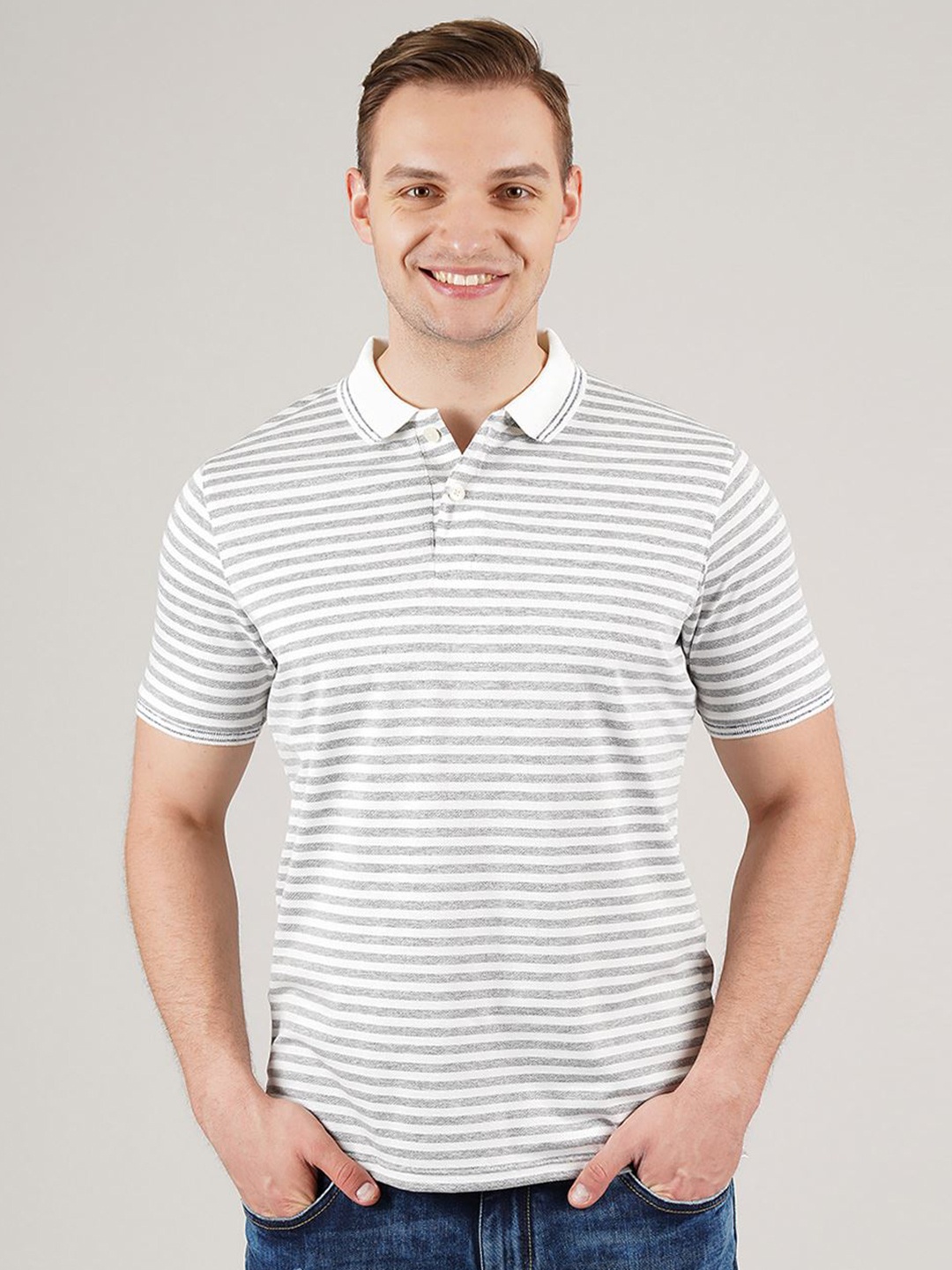 

LONDON FOG Men Grey Striped Polo Collar T-shirt