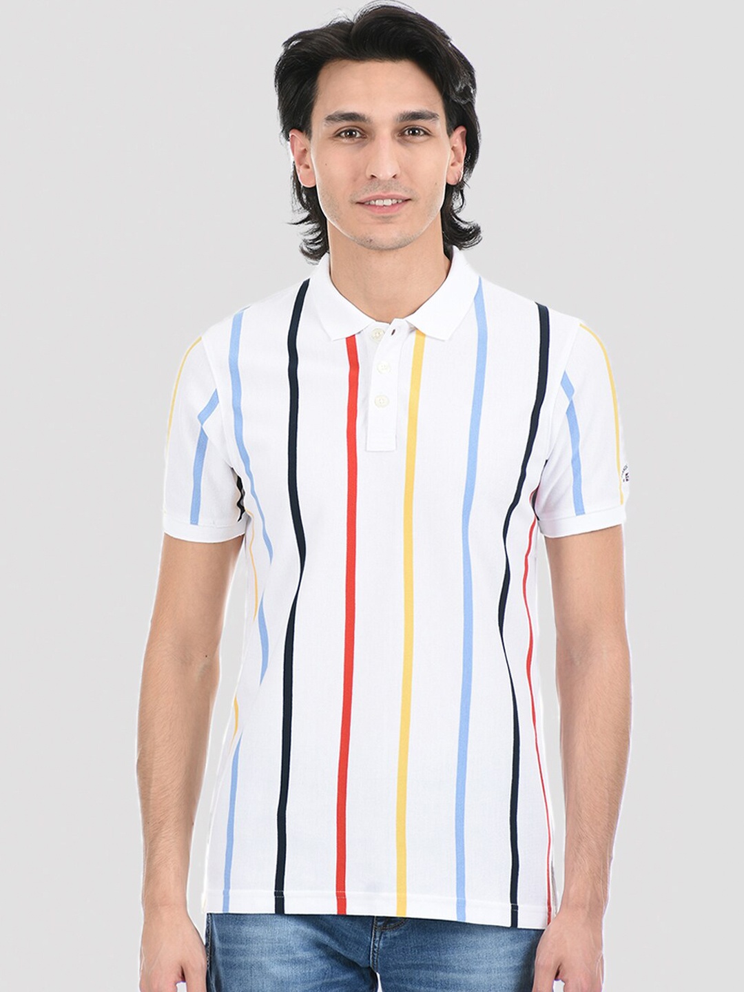 

LONDON FOG Men White Striped Polo Collar T-shirt