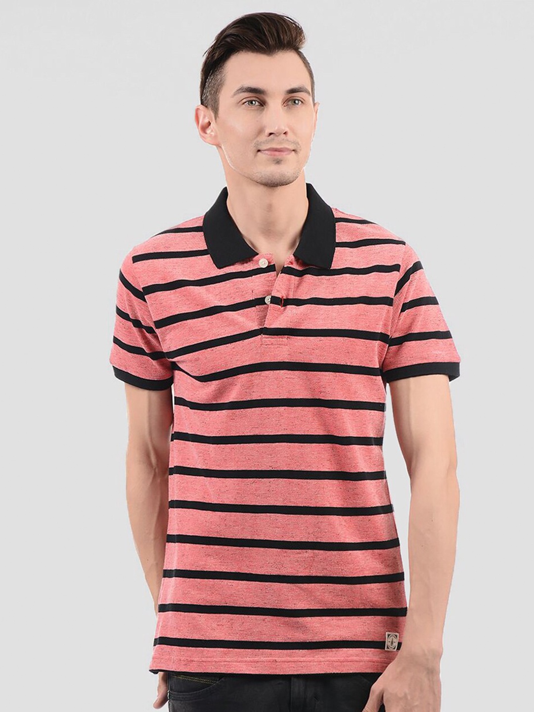 

LONDON FOG Men Pink Tribal Striped Polo Collar T-shirt