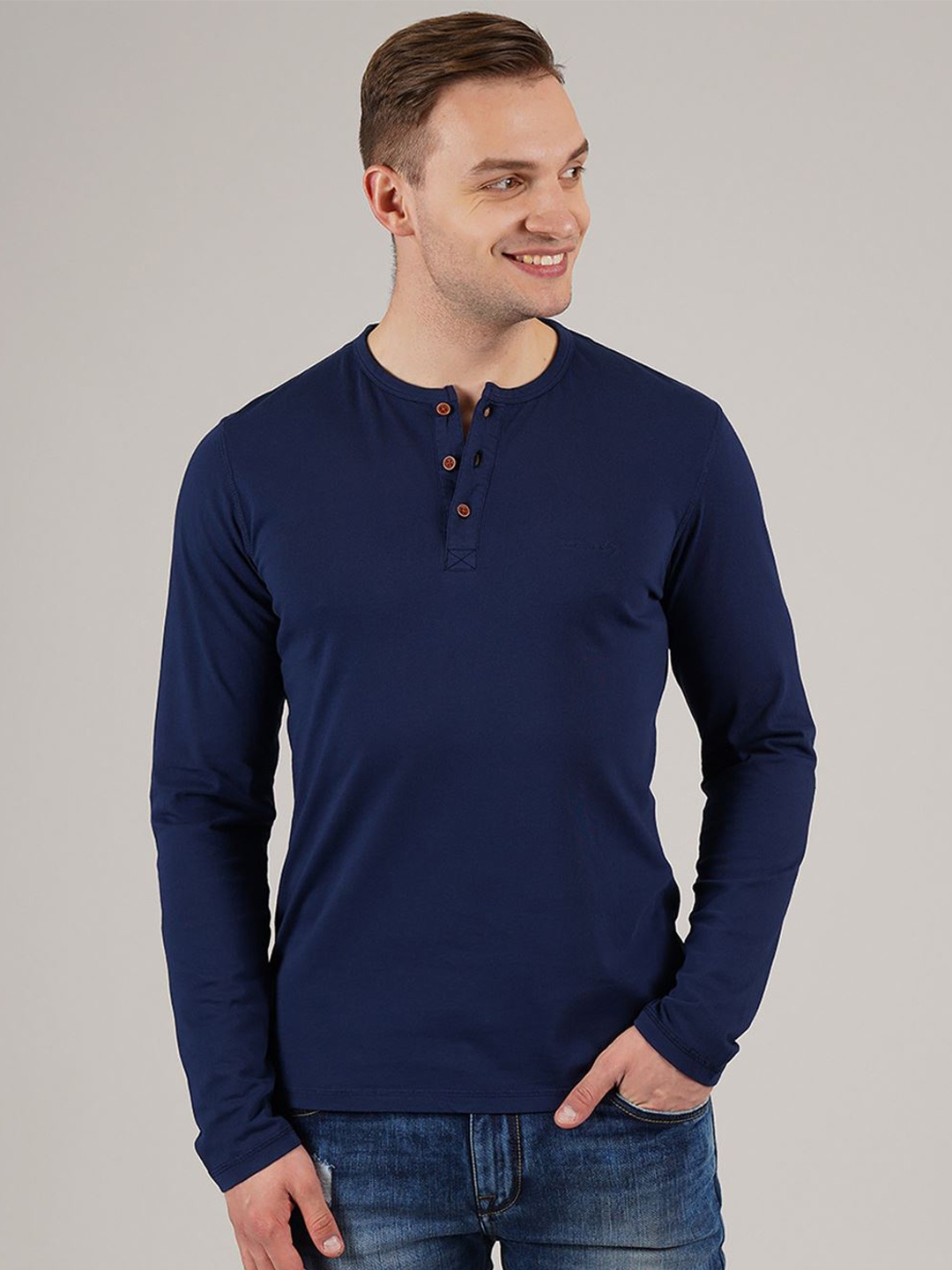 

LONDON FOG Men Navy Blue Henley Neck T-shirt