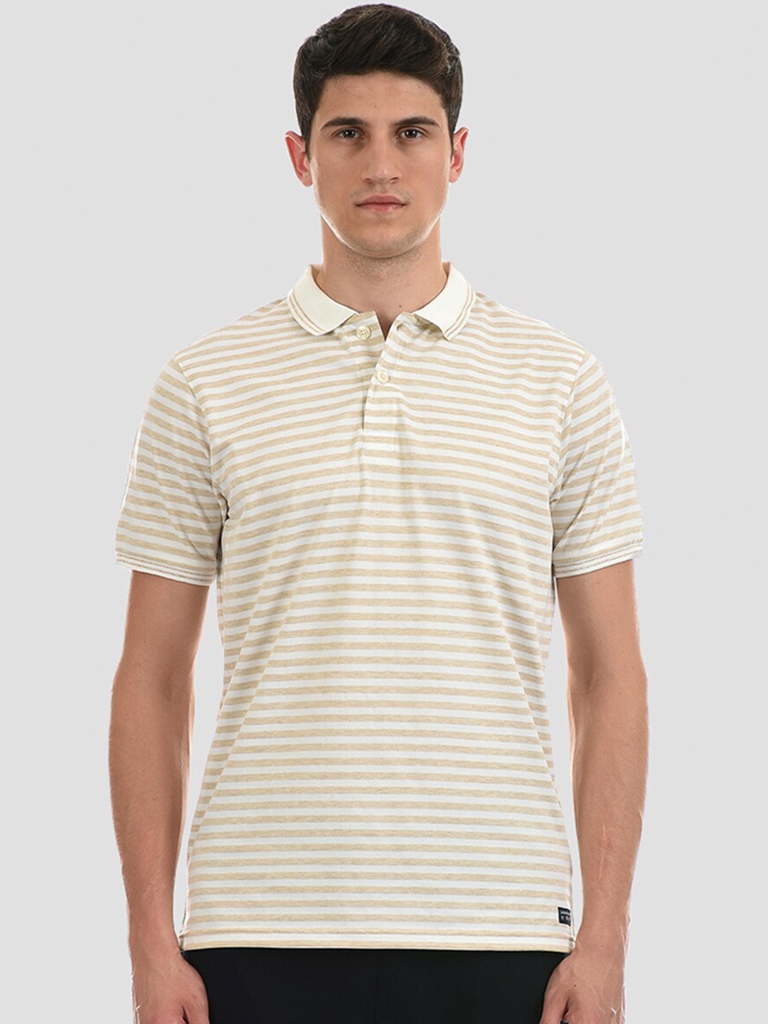 

LONDON FOG Men Beige Striped Henley Neck T-shirt