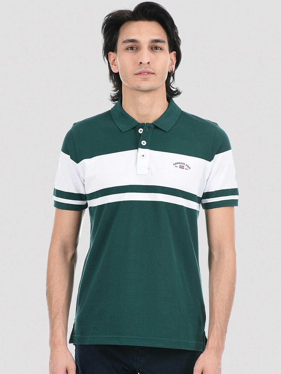 

LONDON FOG Men Green Striped Polo Collar Applique T-shirt