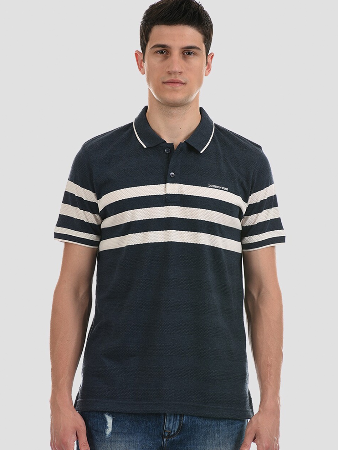 

LONDON FOG Men Navy Blue Striped Polo Collar T-shirt