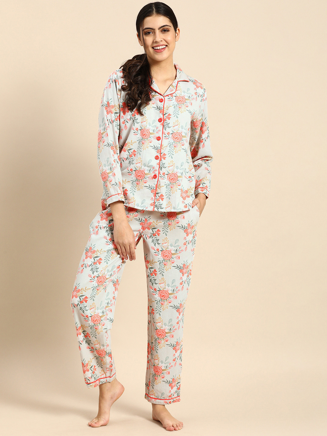 

Clt s Women White & Coral Pink Pure Cotton Floral Printed Pyjama Set