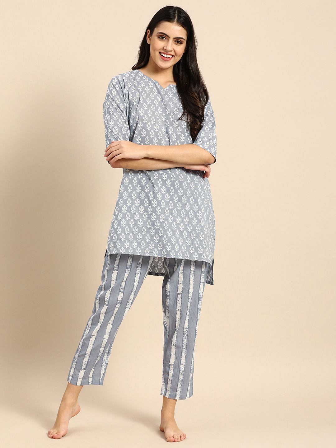 

Clt s Women Grey & White Pure Cotton Ethnic Motifs Printed Pyjama Set