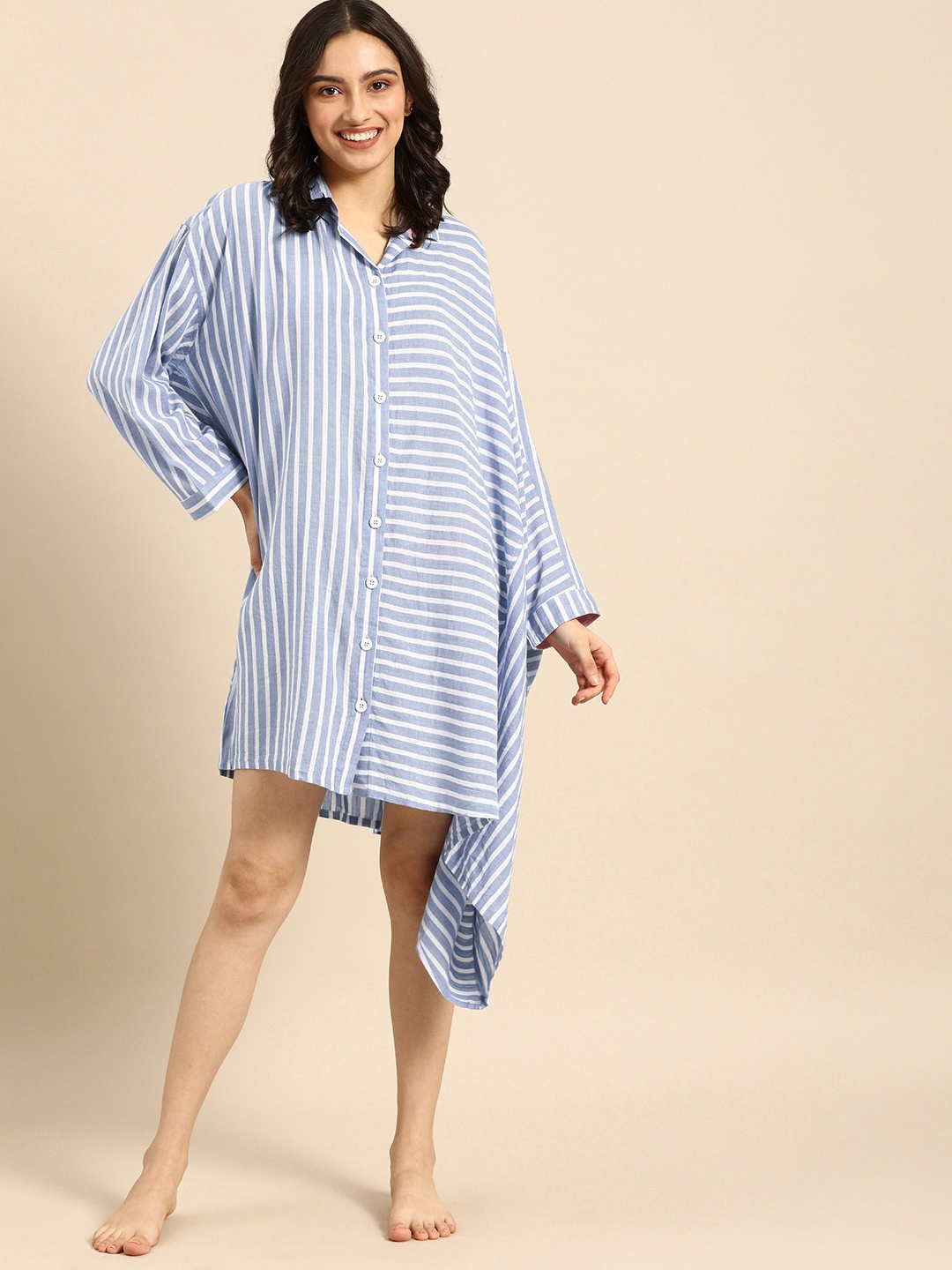 

Clt s Blue & White Pure Cotton Striped Nightdress