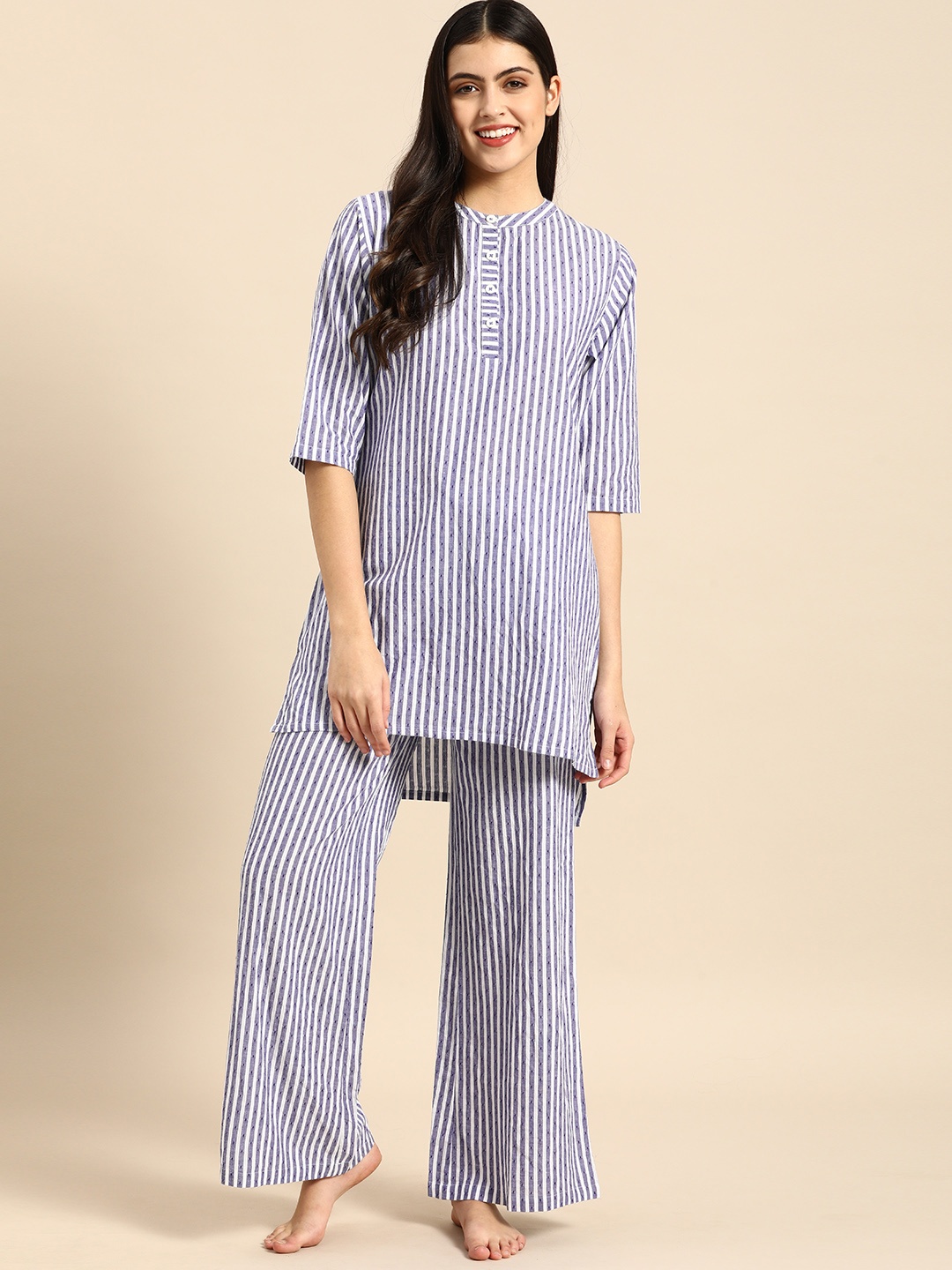 

Clt s Women Blue & White Striped Cotton Night suit