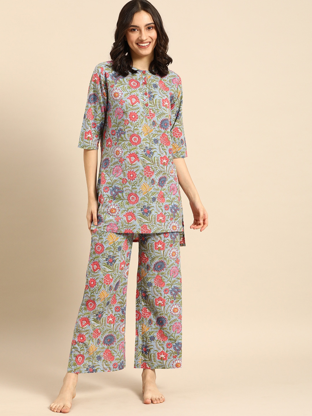 

Clt s Women Blue & Pink Printed Cotton Night suit