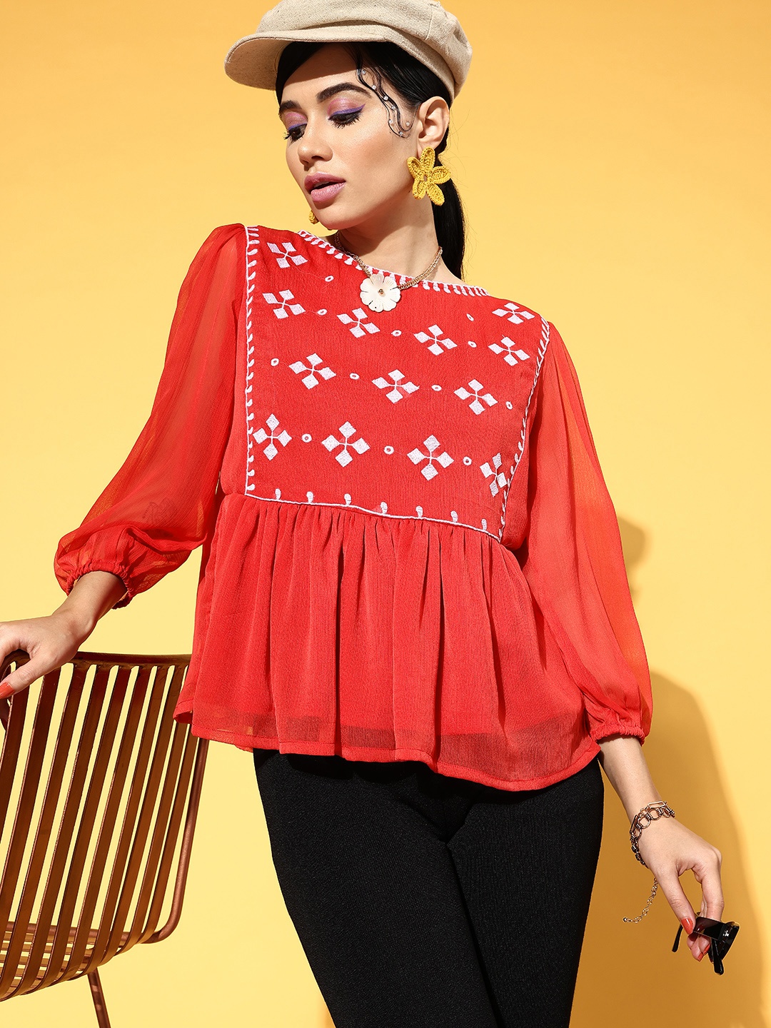 

plusS Deep Red Geometric Indie Gal Top