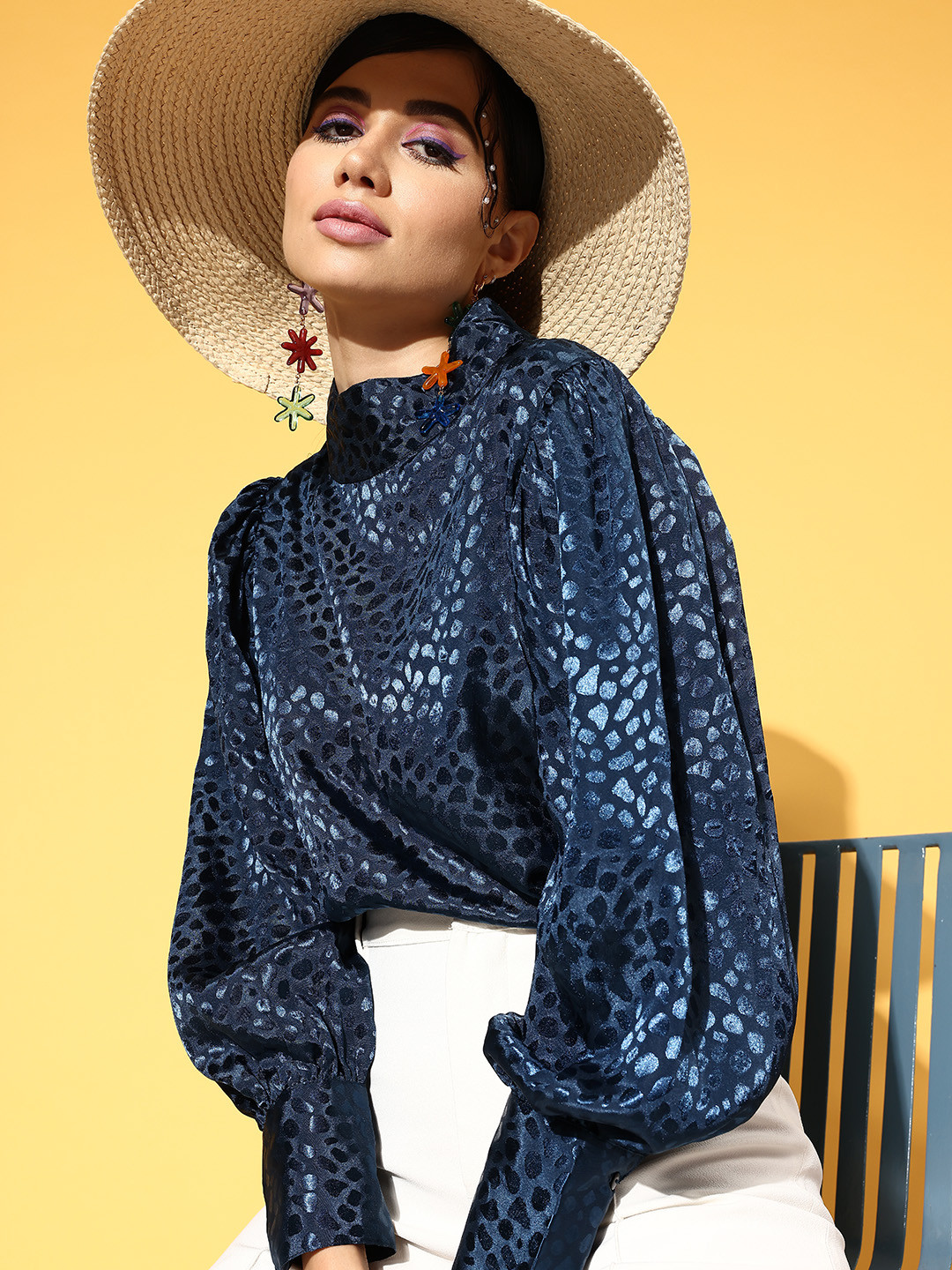 

plusS Stylish Blue Animal Print Volume Play Top