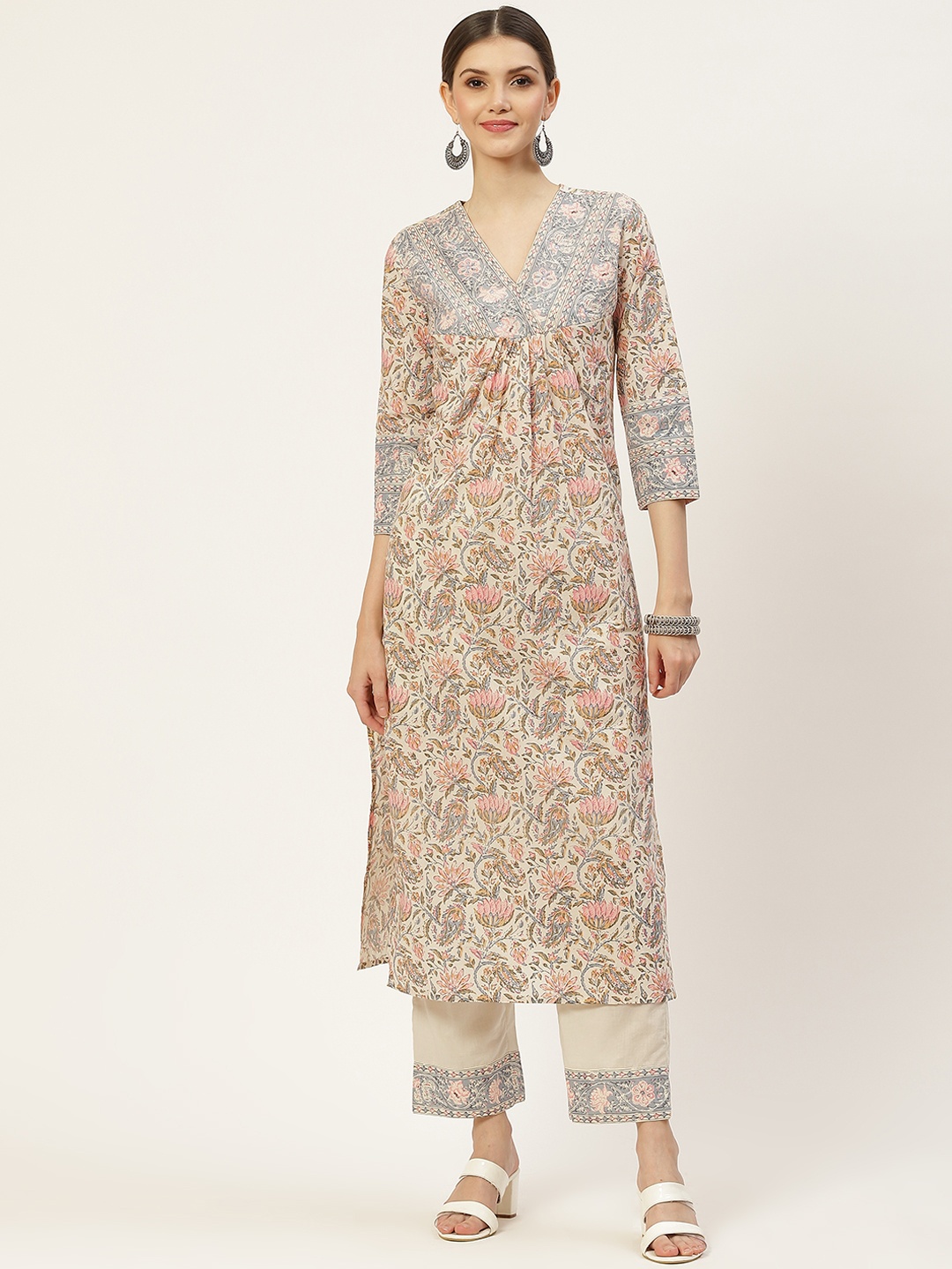 

KBZ Women Cream-Coloured and Pink Ethnic Motifs Printed Pure Cotton Kurta with Trousers