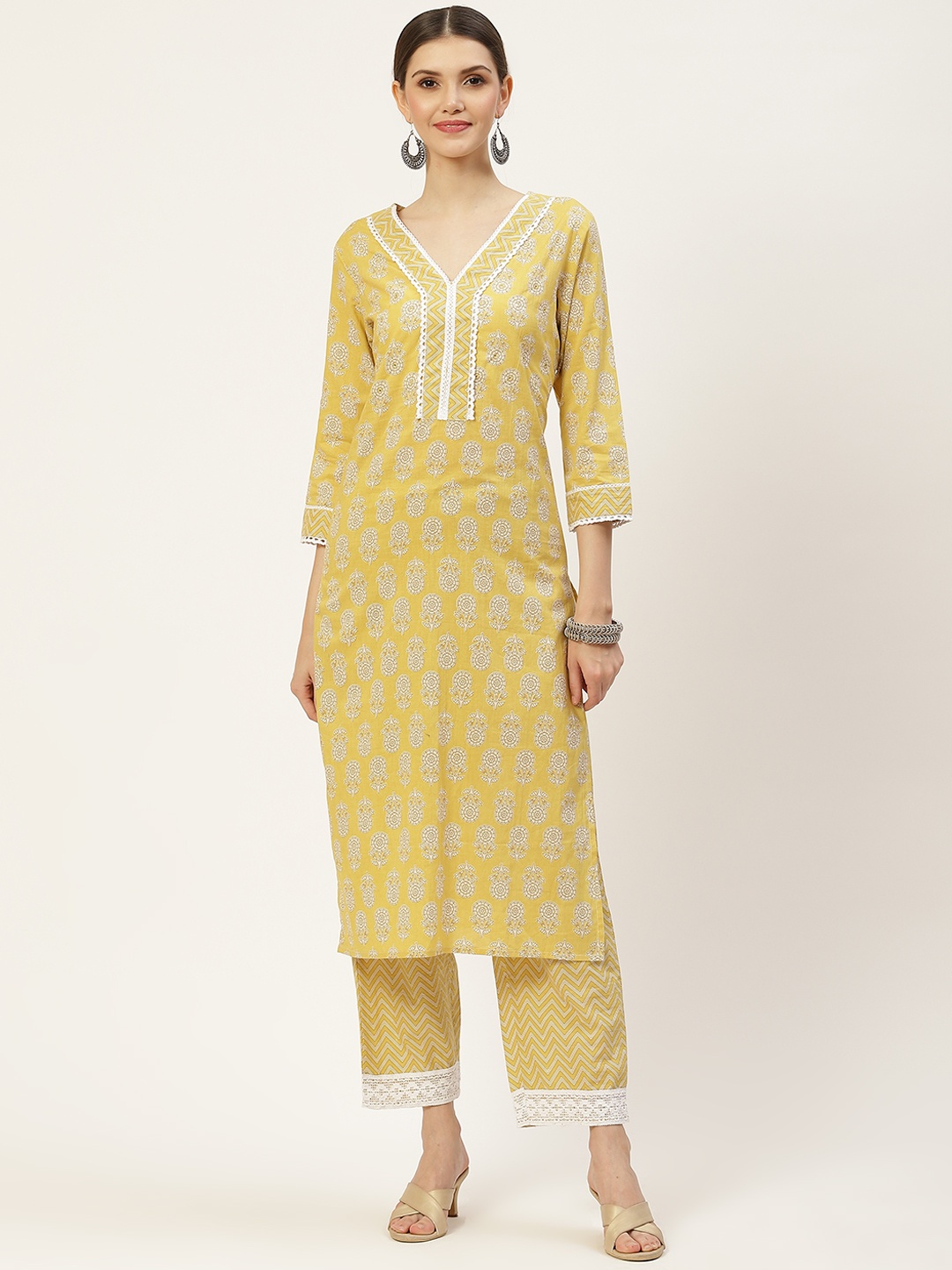 

KBZ Women Mustard Yellow & White Ethnic Motifs Printed Pure Cotton Kurta with Trousers