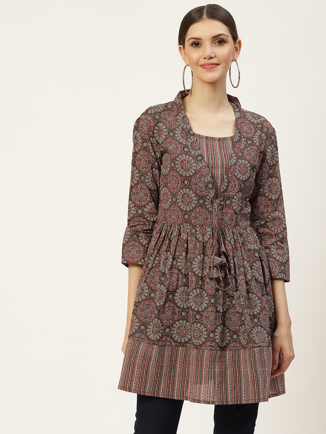 

KBZ Brown & Red Ethnic Motifs Printed Pure Cotton Top
